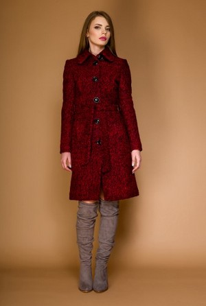 Palton clasic din stofa de lana tip bucle OZANA rosu-negru
