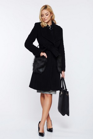 Palton dama de iarna elegant din lana drept cu insertii de blana ecologica detasabile LaDonna Negru